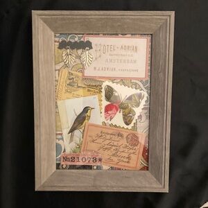 Framed Vintage-Style Collage Art with Bird and Butterfly